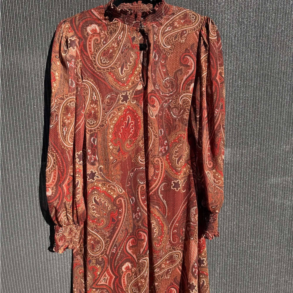 Tommy Hilfiger Red and Brown Paisley Long Sleeve Dress
